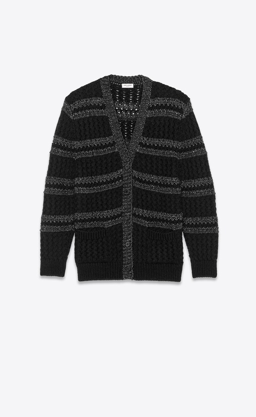 SAINT LAURENT Knitwear Tops Woman Striped cardigan in a black and silver cable knit a_V4